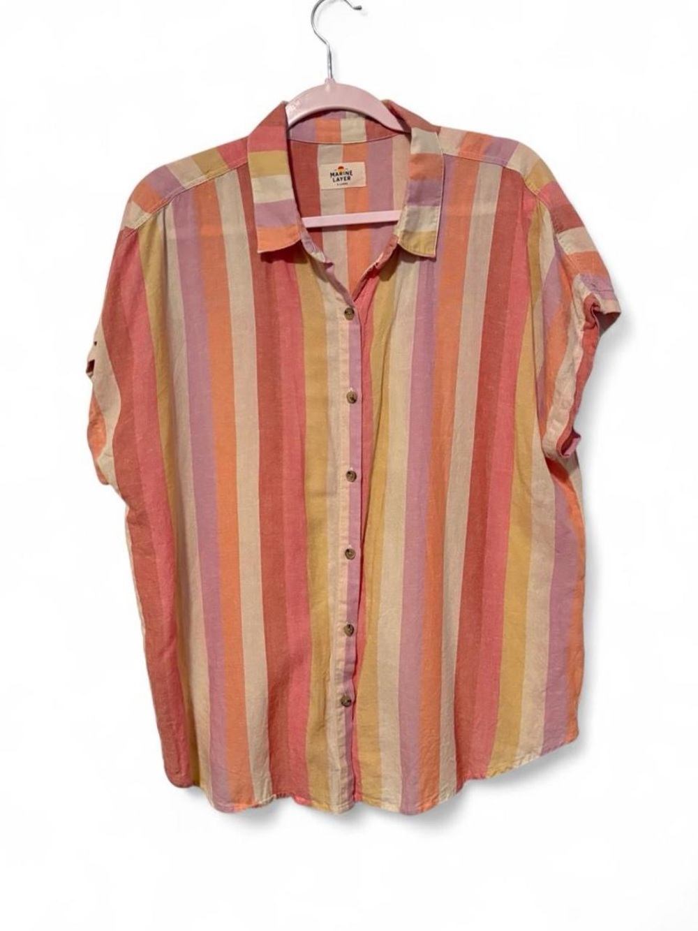 Marine Layer tensel and linen pink, orange, and cream vertical striped button-up